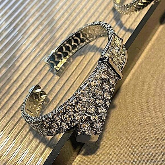 Sterling Silver Buckle Bangle Bracelet, Zircon Cuff Belt Buckle, Minimalist - Picture 9 of 10